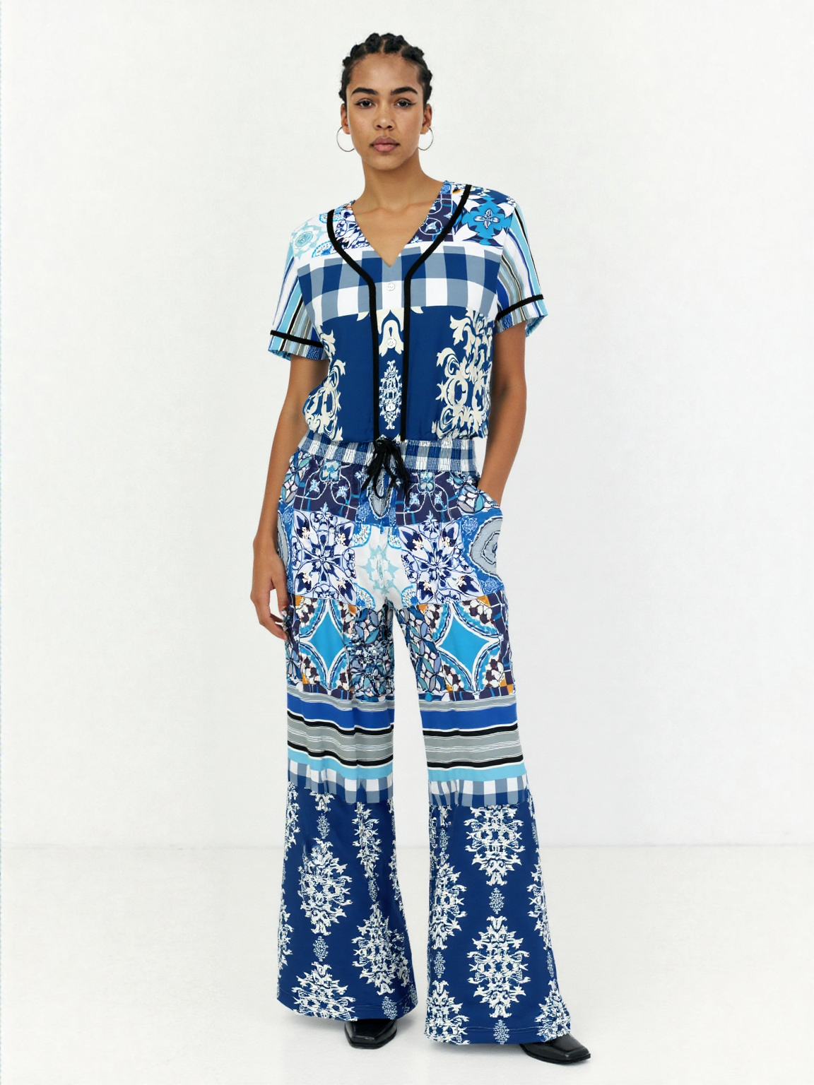 Blue Agadir Moroccan Tile Eco-Poly Wide Leg Pants