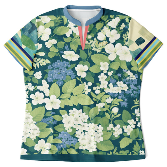 Blue Algae in Floral Stripes Mandarin Collar Ladies Polo Golf Shirt