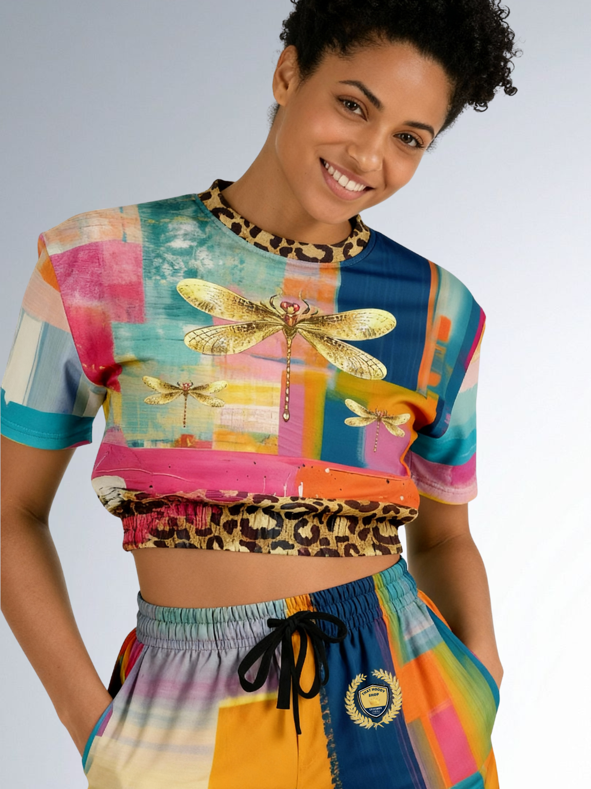Blue Dragonfly Abstract Colorblock Patchwork Eco-Poly Short Sleeve Cropped Pullover