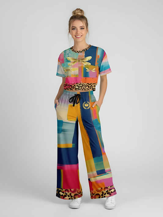 Blue Dragonfly Abstract Colorblock Leopard Patchwork Eco-Poly Wide Leg Pants