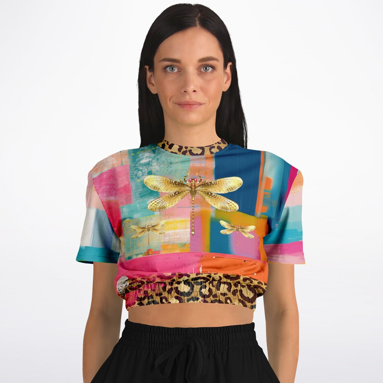 Blue Dragonfly Abstract Colorblock Patchwork Eco-Poly Short Sleeve Cropped Pullover