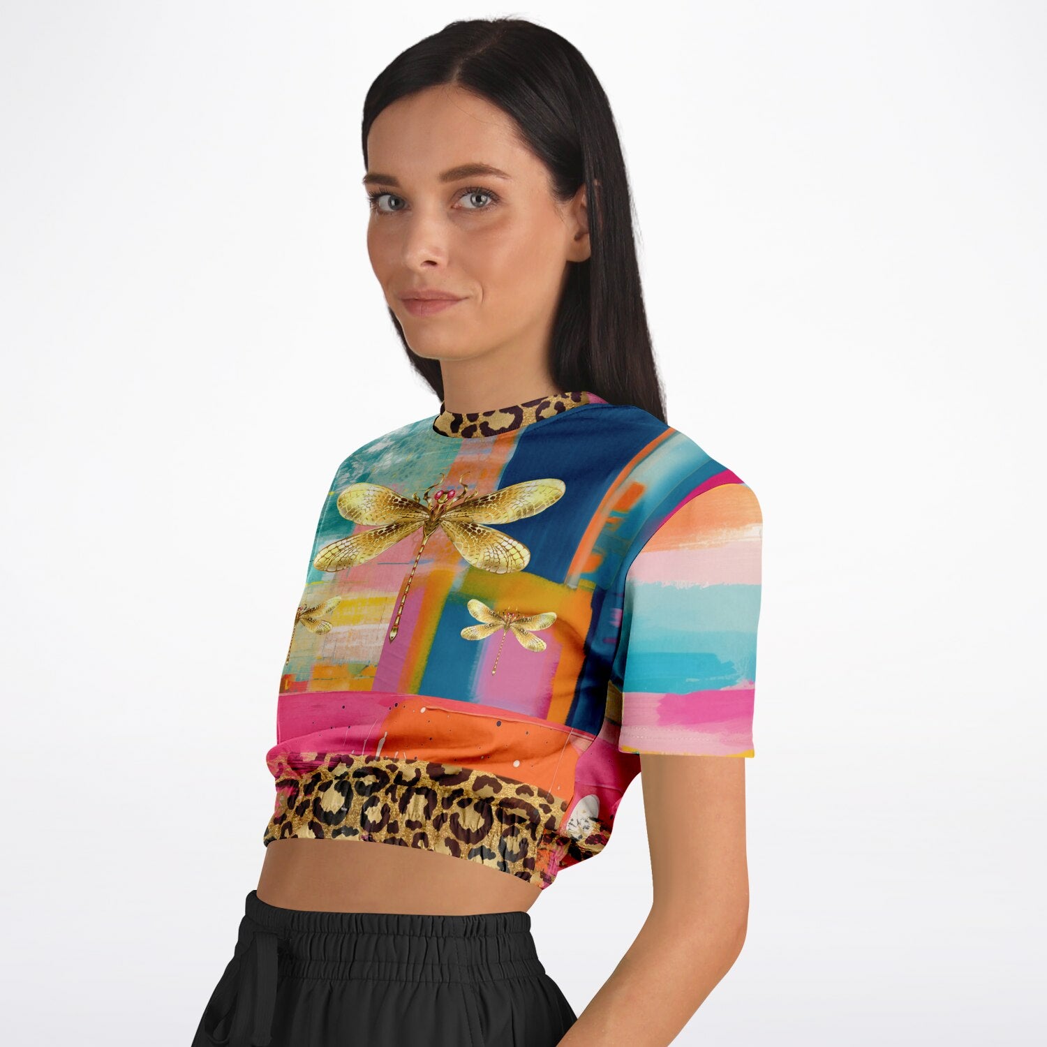 Blue Dragonfly Abstract Colorblock Patchwork Eco-Poly Short Sleeve Cropped Pullover