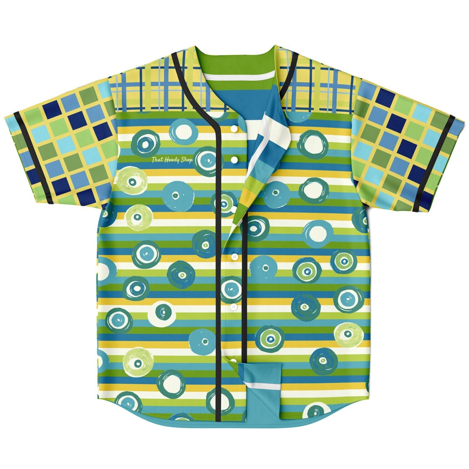 Blue Green Abstract 70s Blob Stripe Reversible Eco-Poly Short Sleeve Reversible Baseball Jersey
