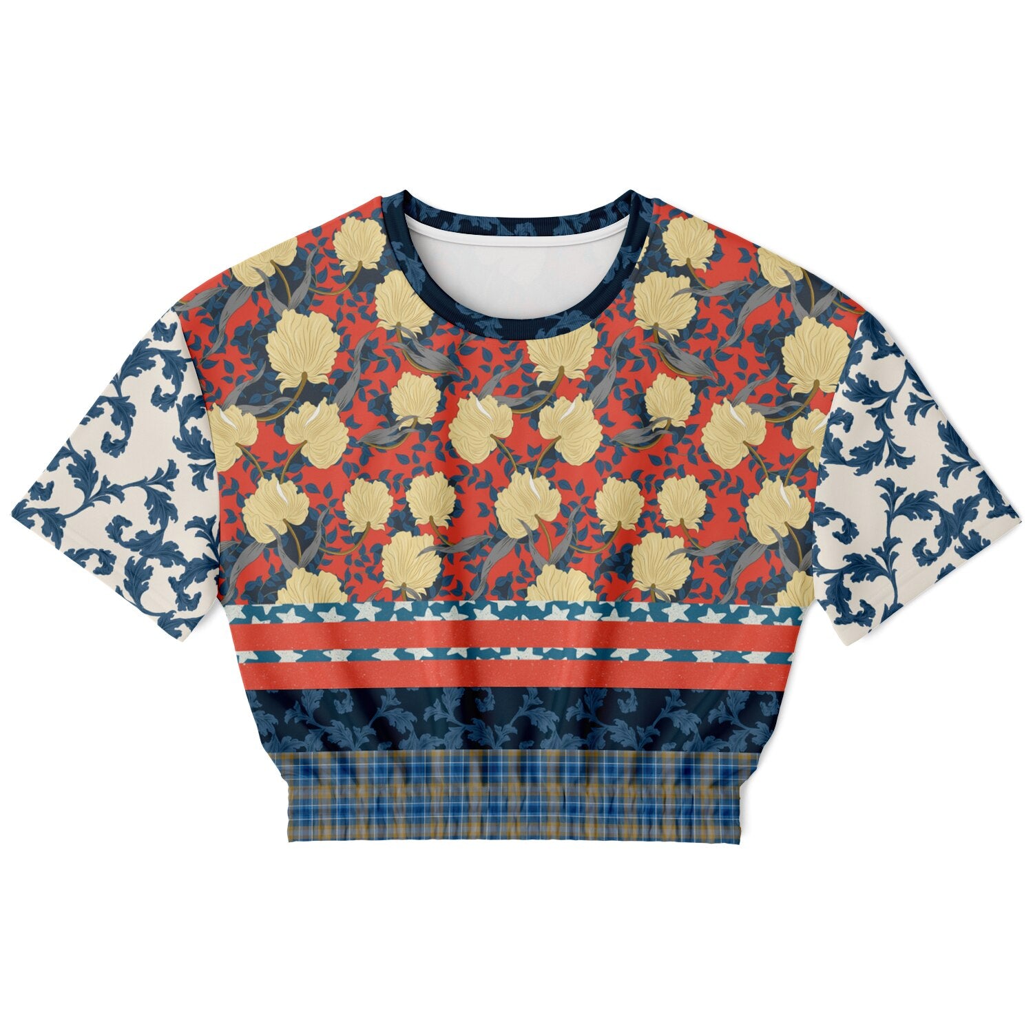 Blue Vine Over You Orange Floral Eco-Poly Short Sleeve Cropped Sweater