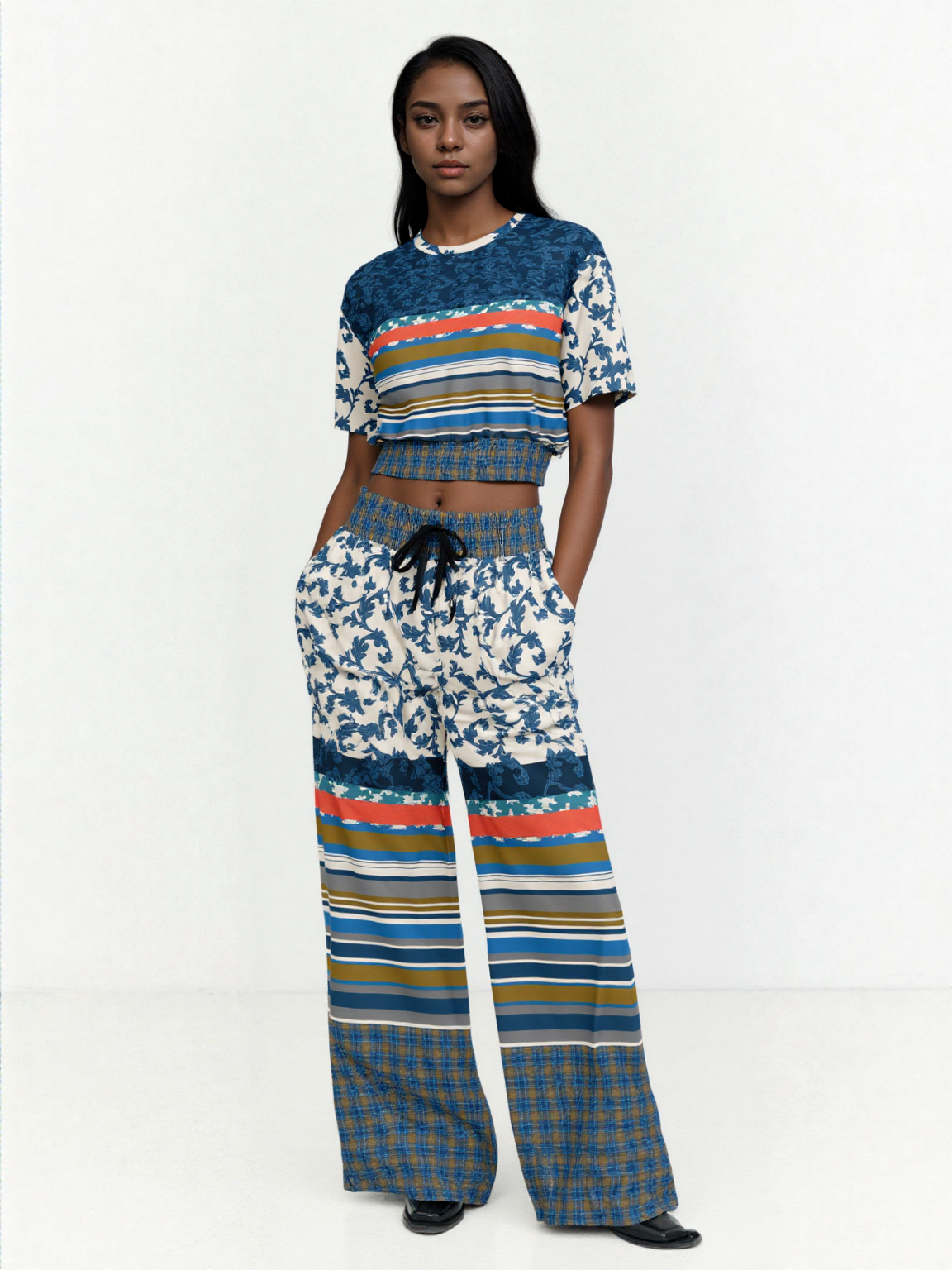 Blue Vine Over You Floral Stripe Eco-Poly Wide Leg Pants