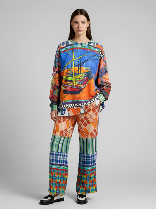 Boats of the Saint Marys Plaid Patchwork Eco-Poly Wide Leg Pants