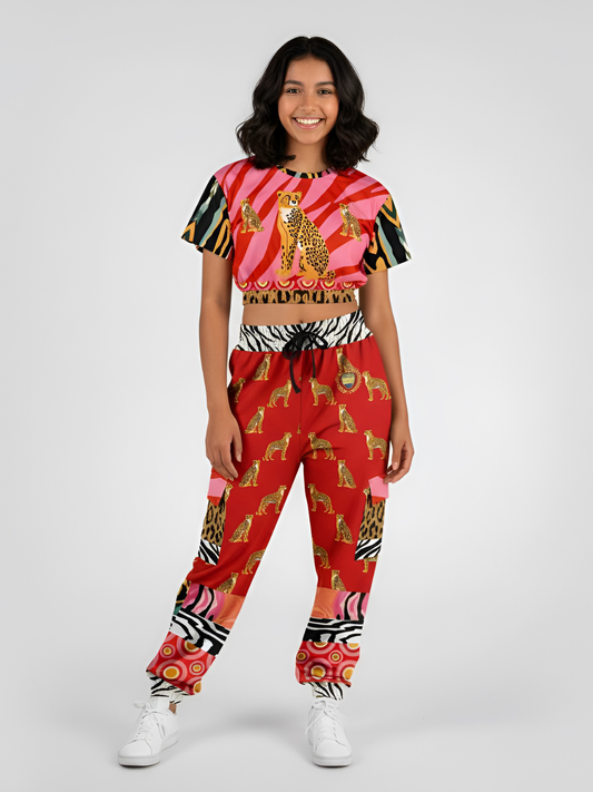 Cheetah in Pink Tiger Stripes Eco-Poly Short Sleeve Cropped Pullover