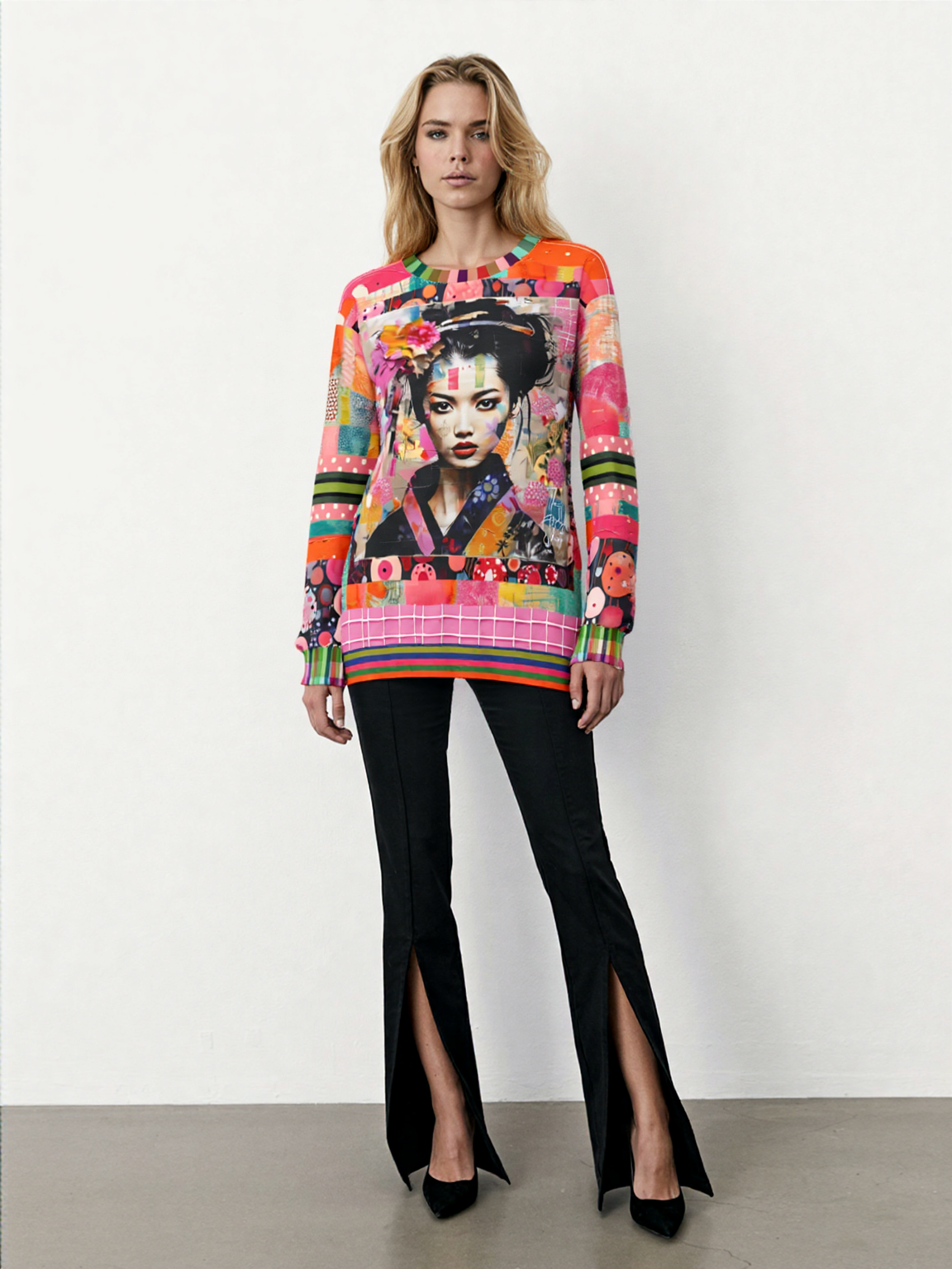 China Girl in Pink Mixed Media Patchwork Print Unisex Sweatshirt (Gold Label)