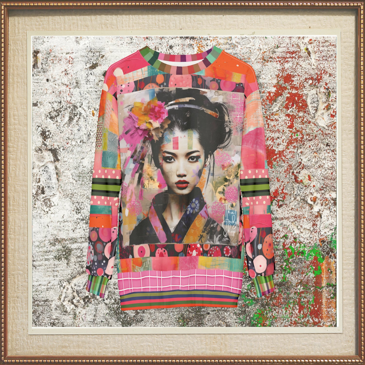 China Girl in Pink Mixed Media Patchwork Print Unisex Sweatshirt (Gold Label)