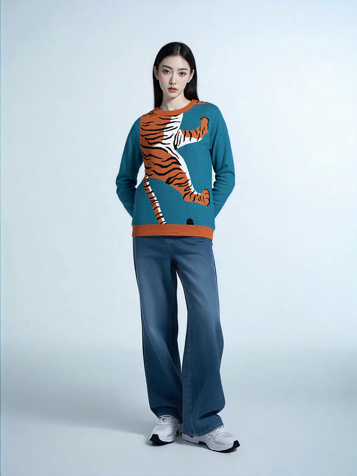 Climbing to the Top in Turquoise Blue Knitted Crewneck Sweater