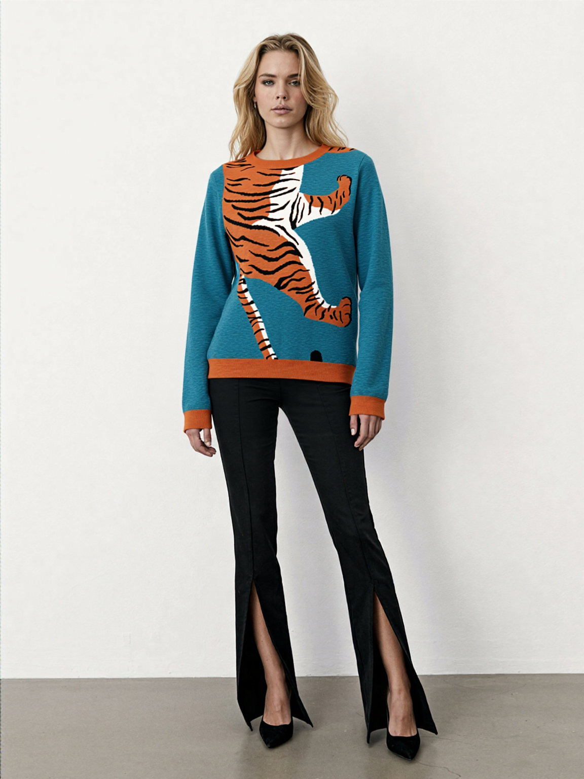 Climbing to the Top in Turquoise Blue Knitted Crewneck Sweater