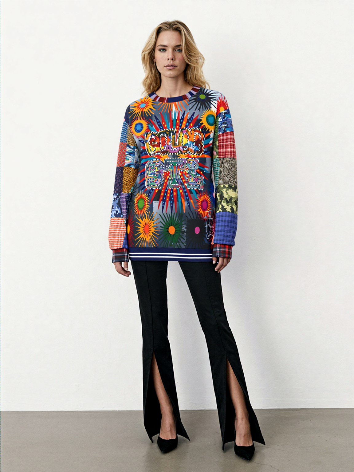 Color Revolution Denim Patchwork Print Unisex Sweatshirt (Gold Label)