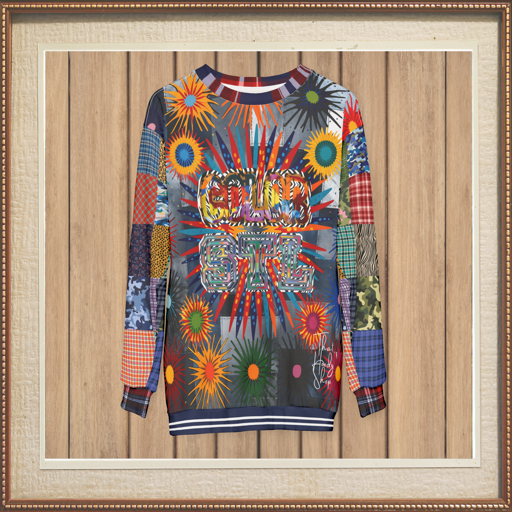 Color Revolution Denim Patchwork Print Unisex Sweatshirt (Gold Label)