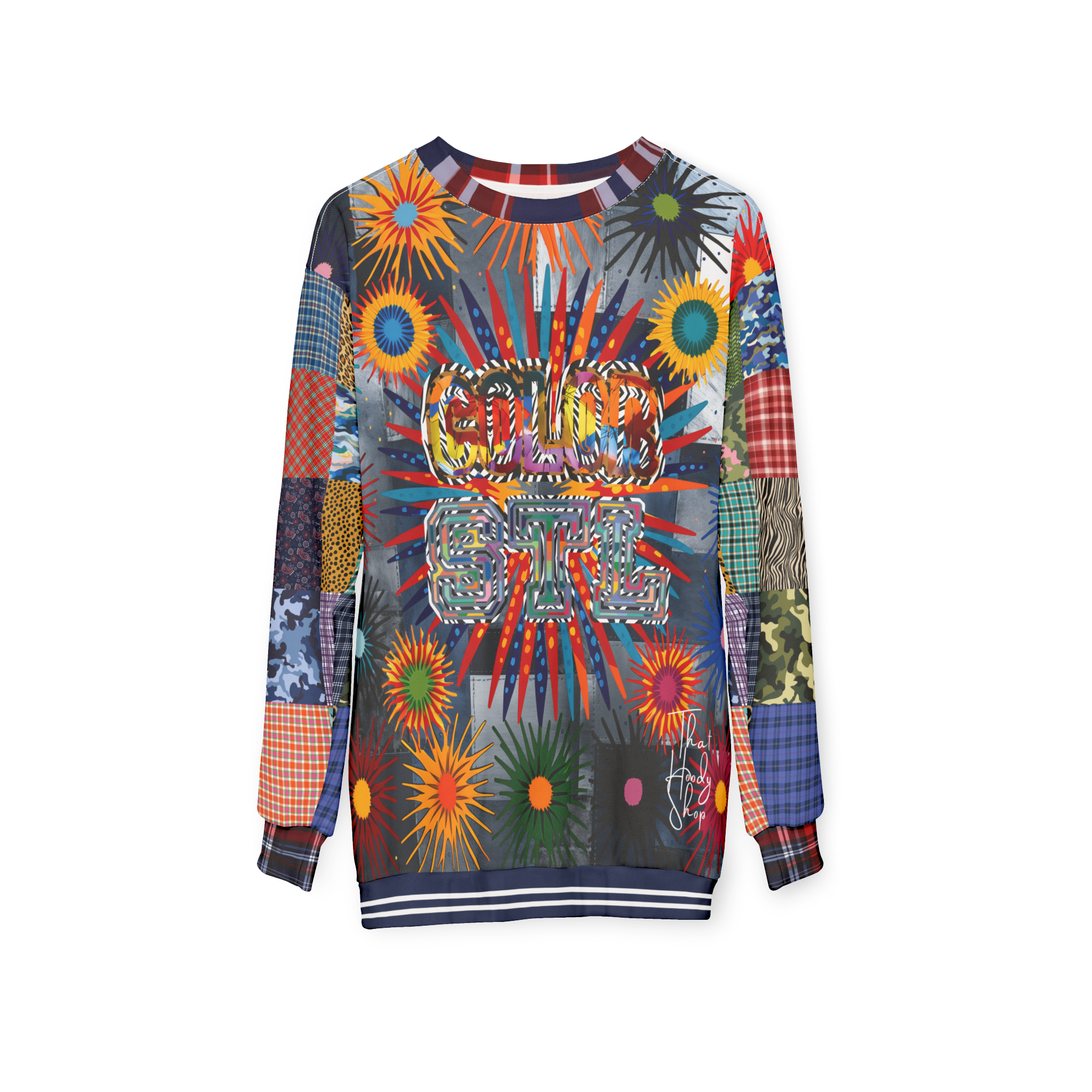Color Revolution Denim Patchwork Print Unisex Sweatshirt (Gold Label)