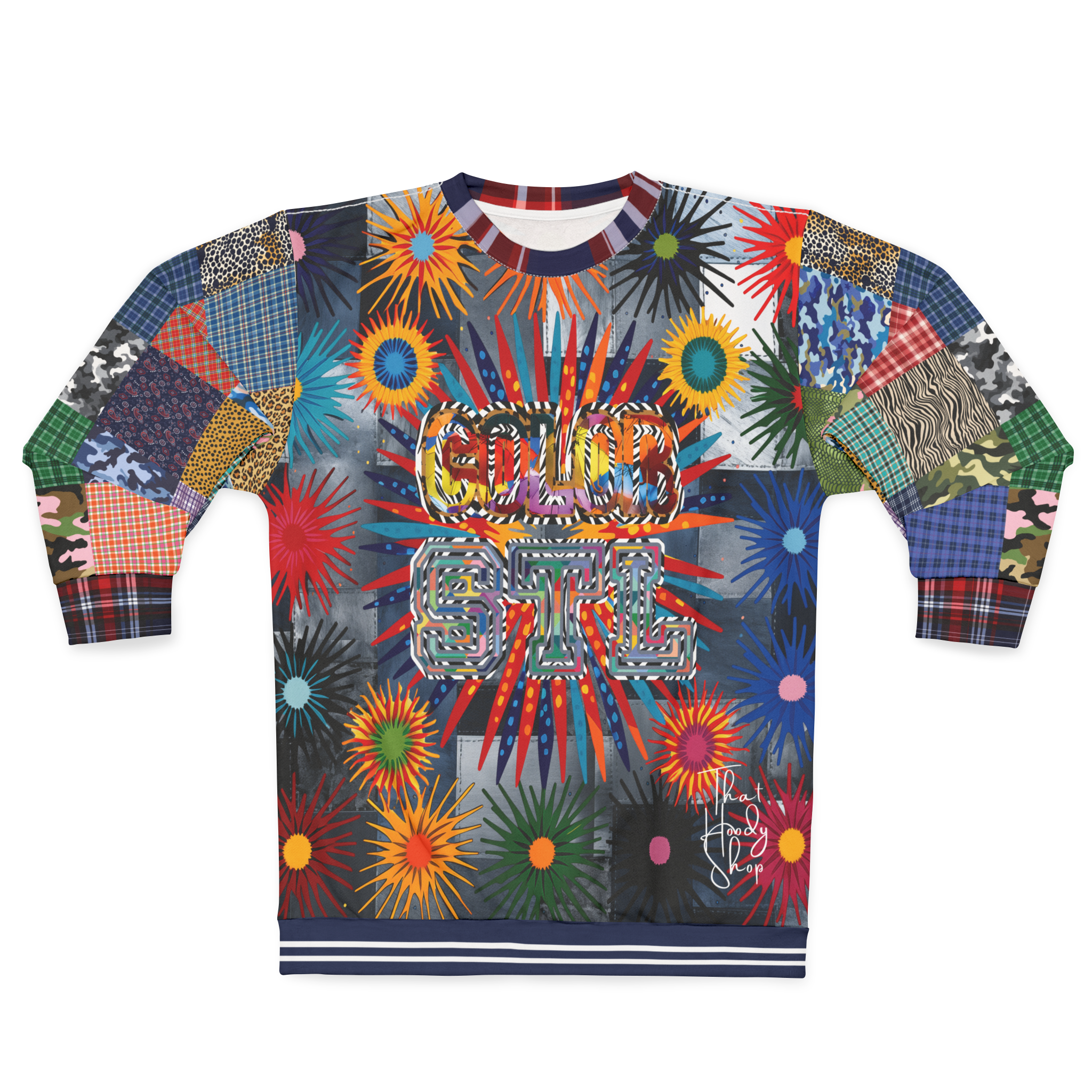 Color Revolution Denim Patchwork Print Unisex Sweatshirt (Gold Label)