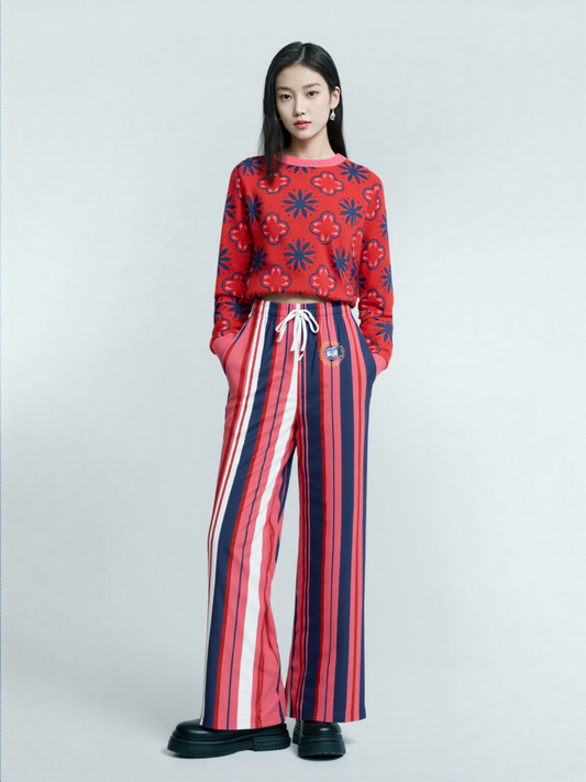 Coming Up Flowers in Red Knitted Crewneck Sweater