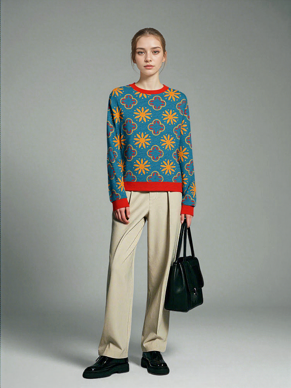 Coming Up Flowers in Teal Blue Knitted Crewneck Sweater