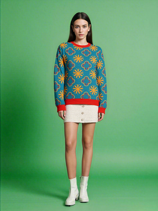 Coming Up Flowers in Teal Blue Knitted Crewneck Sweater