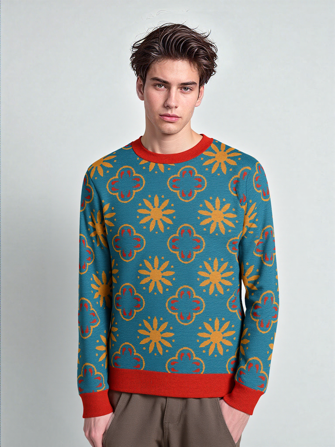 Coming Up Flowers in Teal Blue Knitted Crewneck Sweater