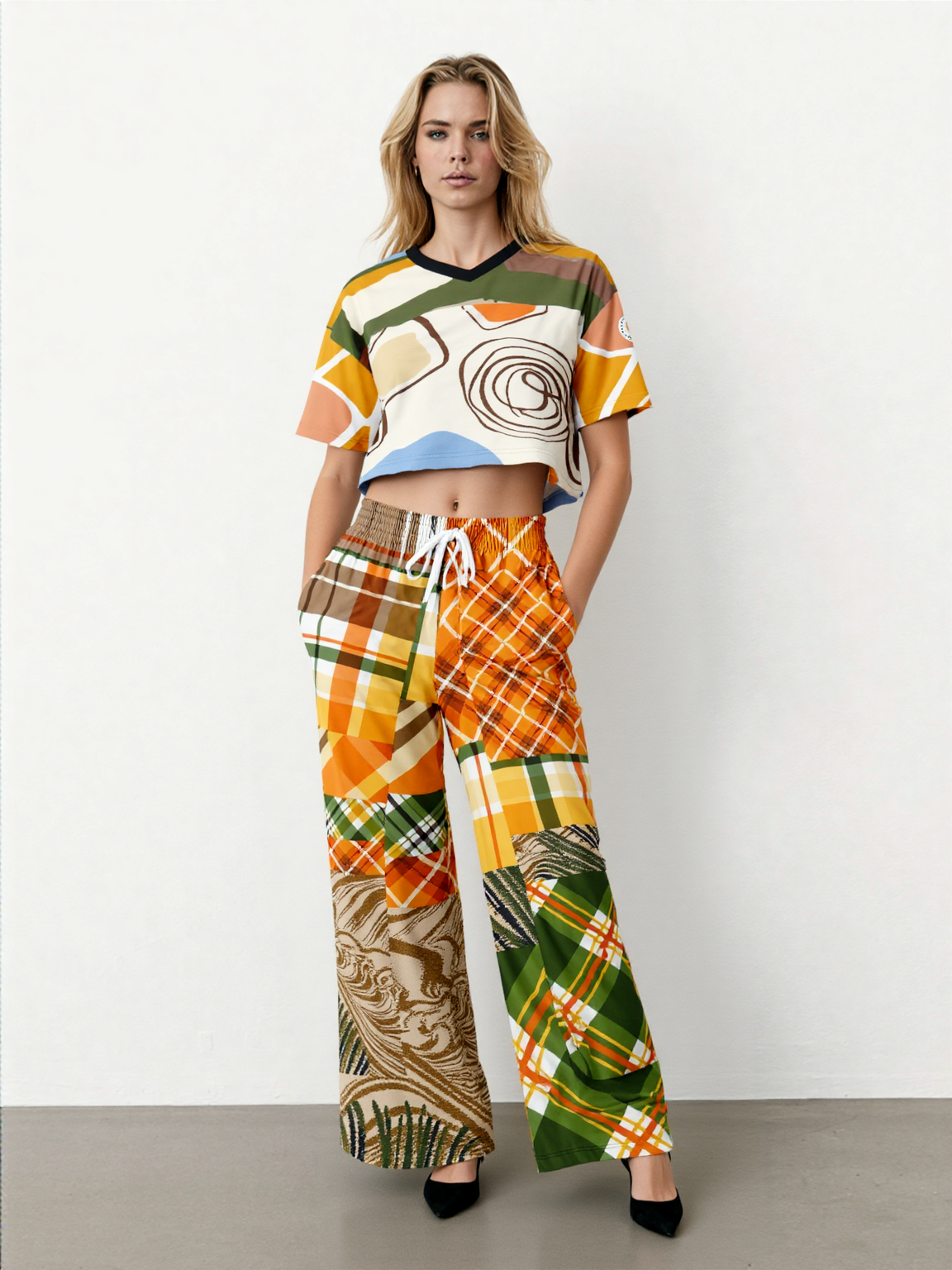 Orange Extrapolation Harvest Plaid Patchwork Eco-Poly Wide Leg Pants
