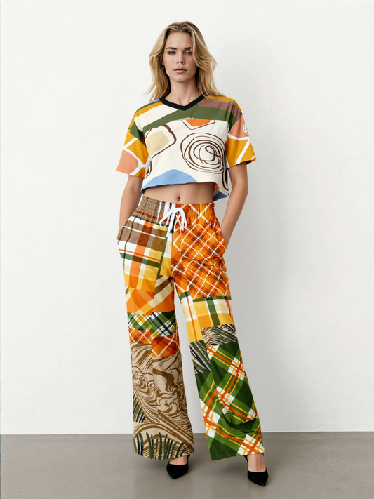 Orange Extrapolation Harvest Plaid Patchwork Eco-Poly Wide Leg Pants