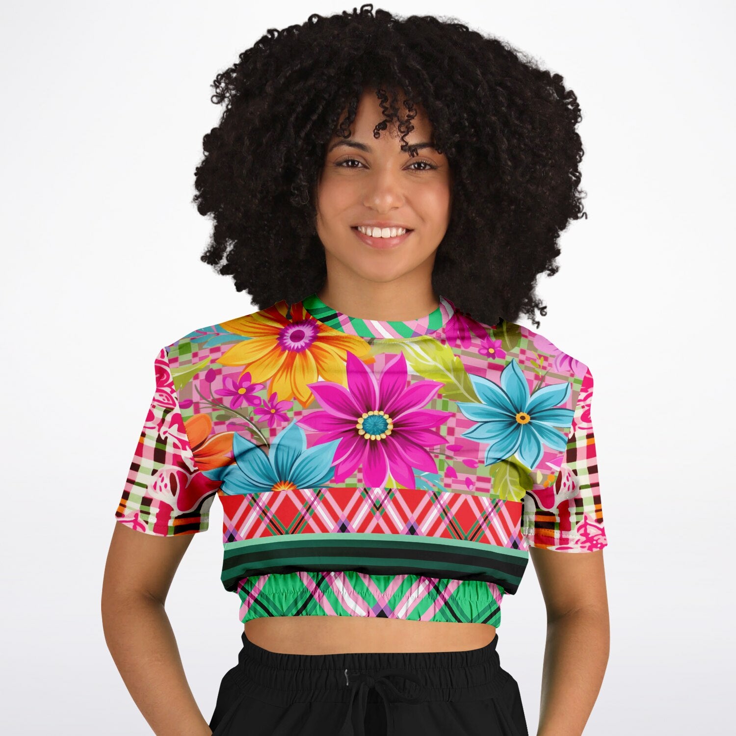 Cool Pink Jubilee Red Plaid Eco-Poly Short Sleeve Cropped Pullover