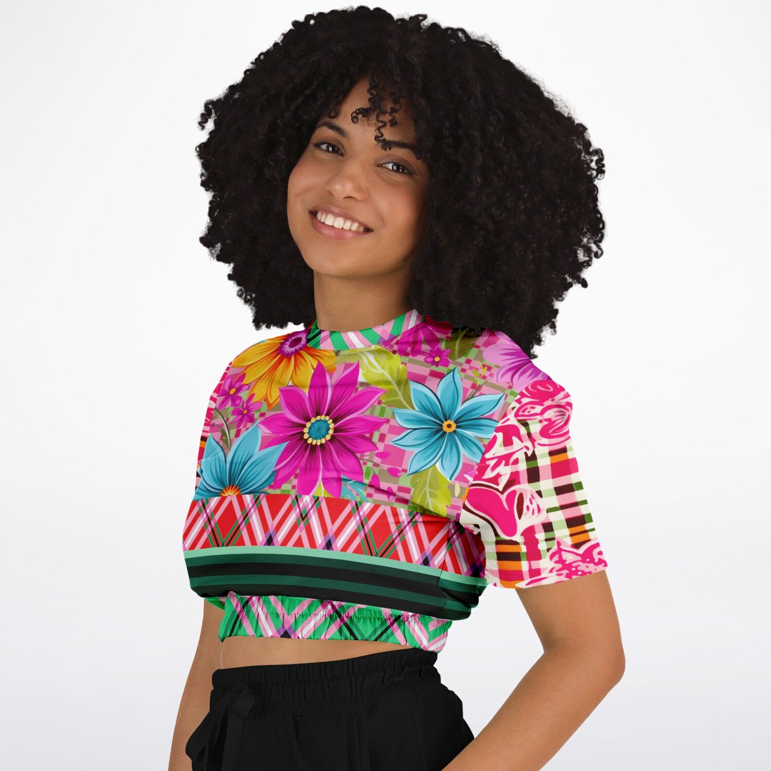 Cool Pink Jubilee Red Plaid Eco-Poly Short Sleeve Cropped Pullover