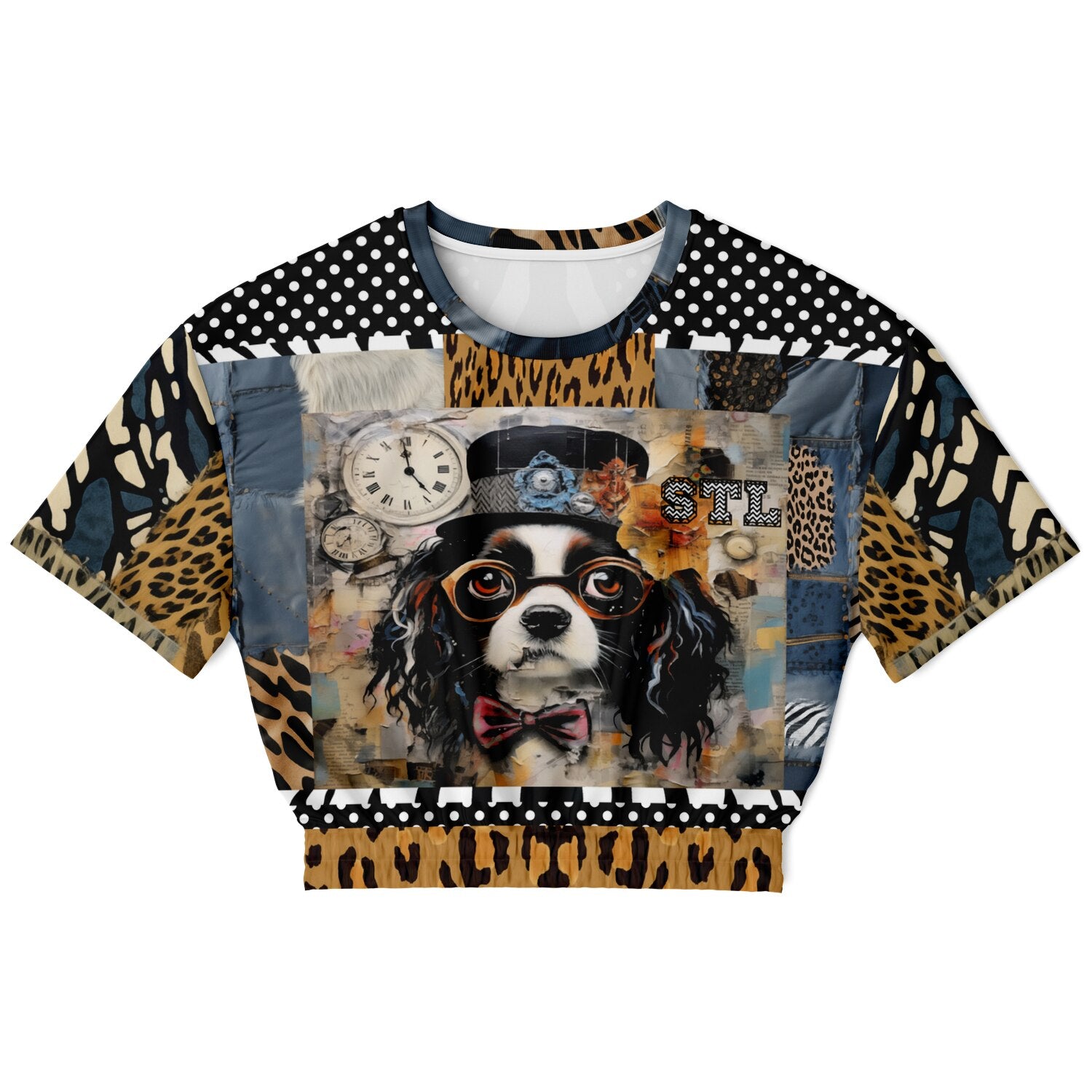 Curly Magoo Wild Denim Patchwork Eco-Poly Short Sleeve Cropped Pullover