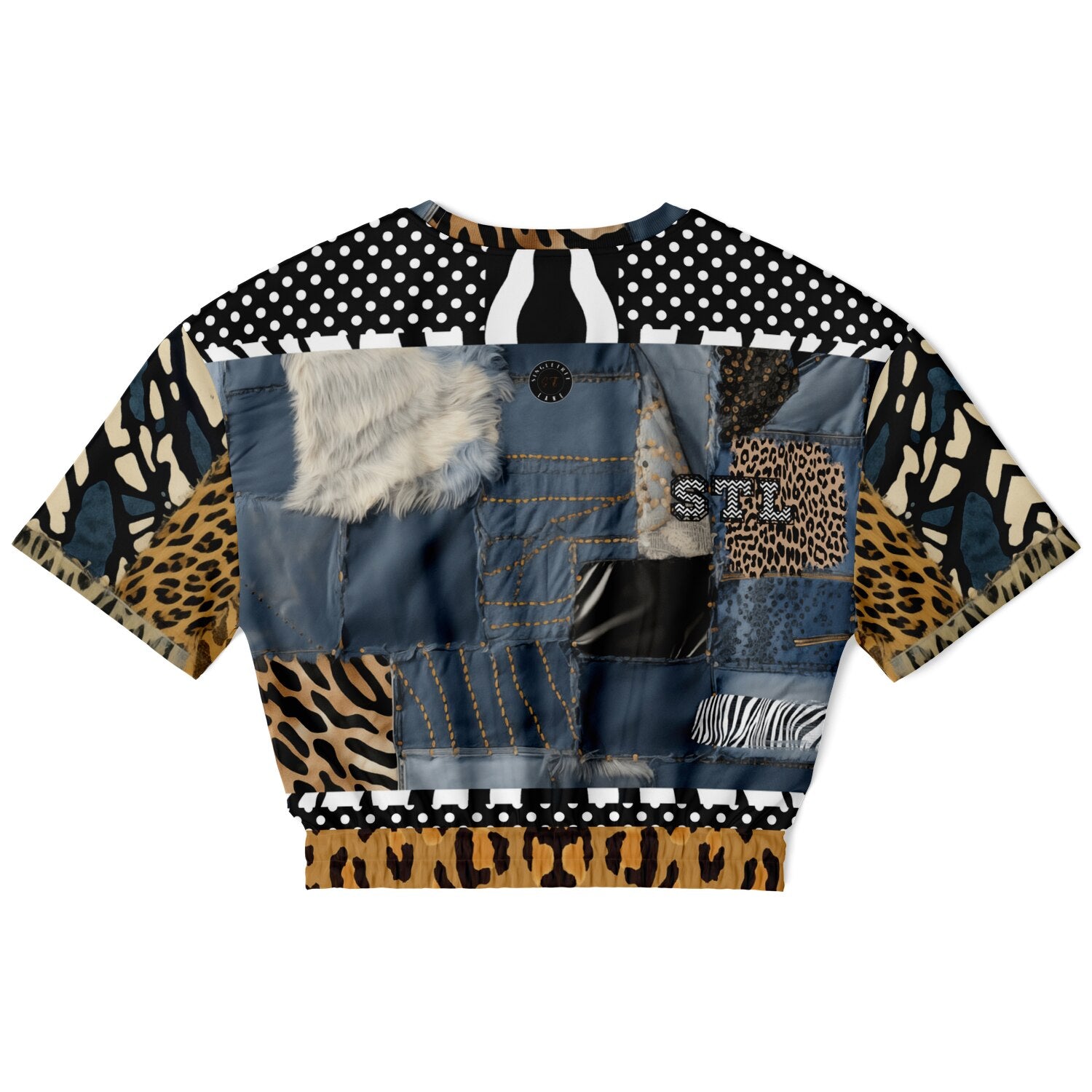 Curly Magoo Wild Denim Patchwork Eco-Poly Short Sleeve Cropped Pullover