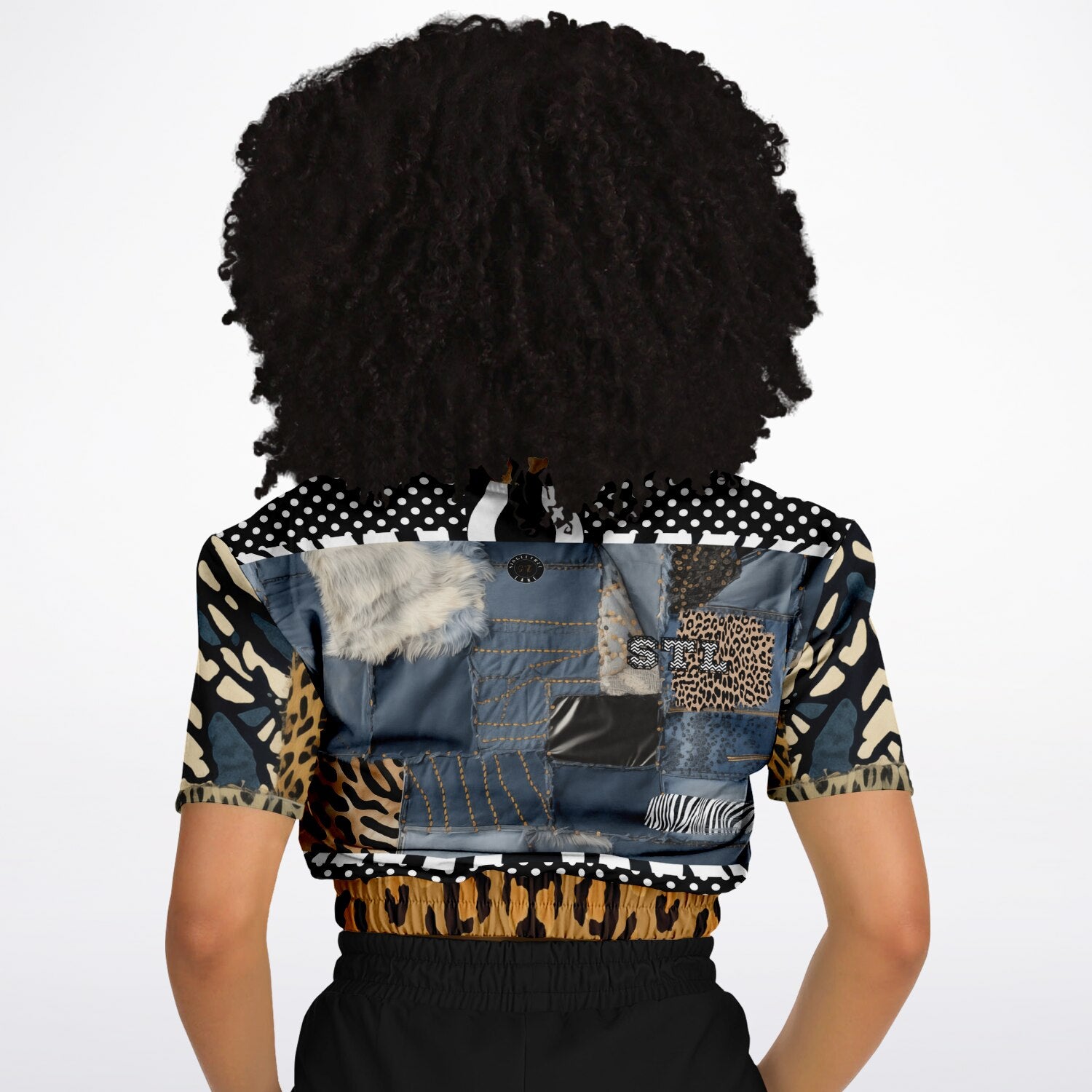 Curly Magoo Wild Denim Patchwork Eco-Poly Short Sleeve Cropped Pullover