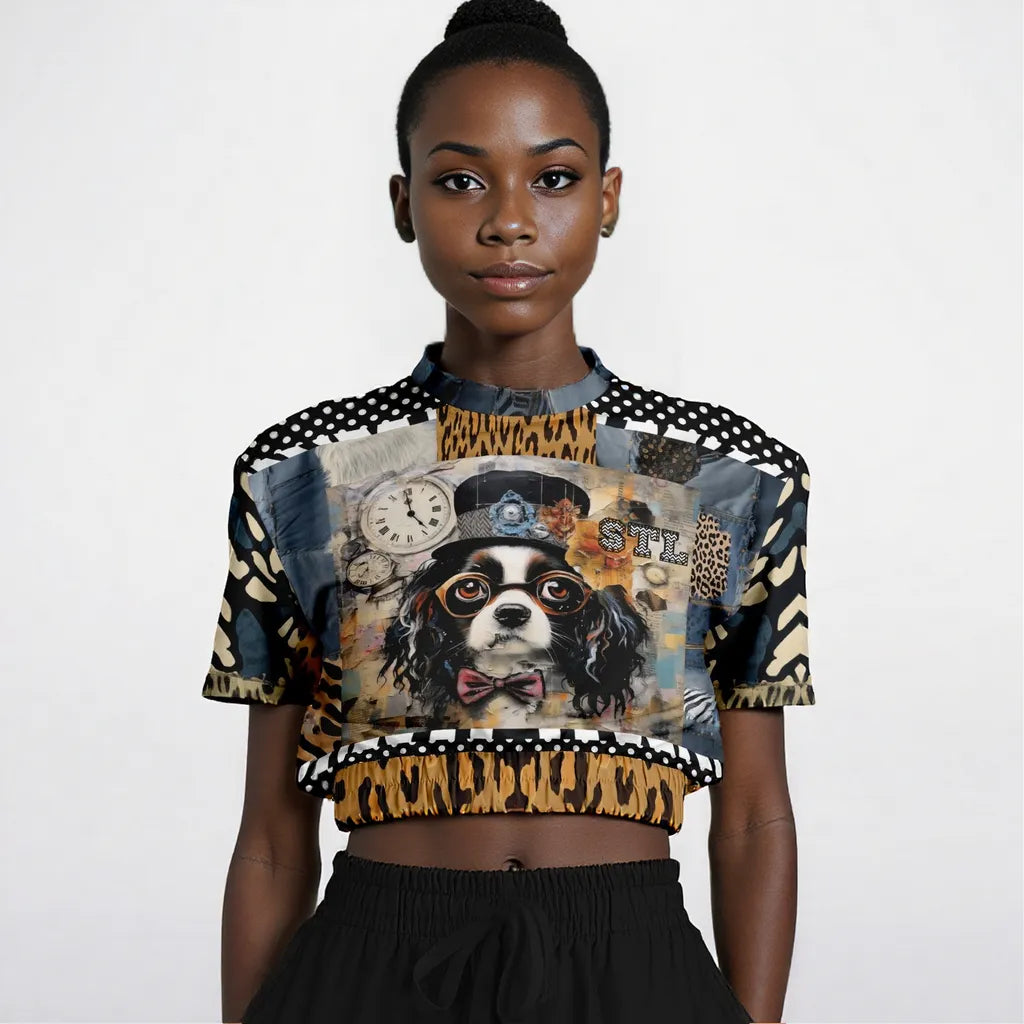 Curly Magoo Wild Denim Patchwork Eco-Poly Short Sleeve Cropped Pullover