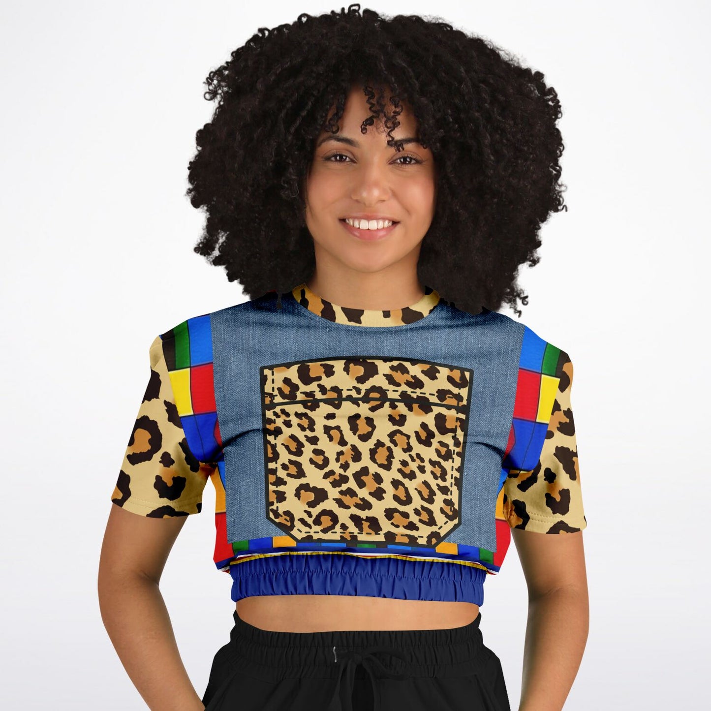 Picasso Primary Geometric Leopard Eco-Poly Short Sleeve Cropped Sweater