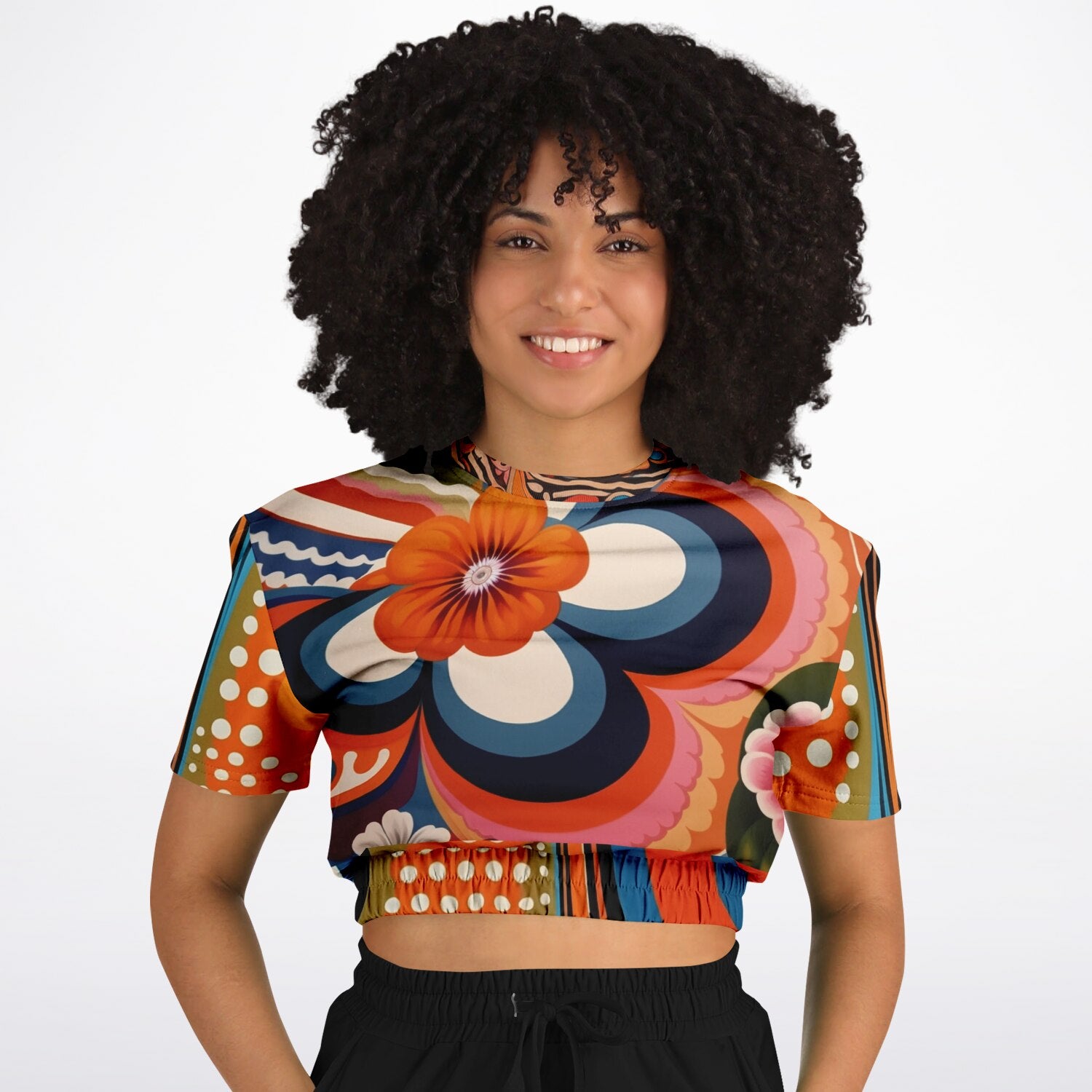Down Memory Lane Groovy 70s Print Eco-Poly Short Sleeve Cropped Pullover