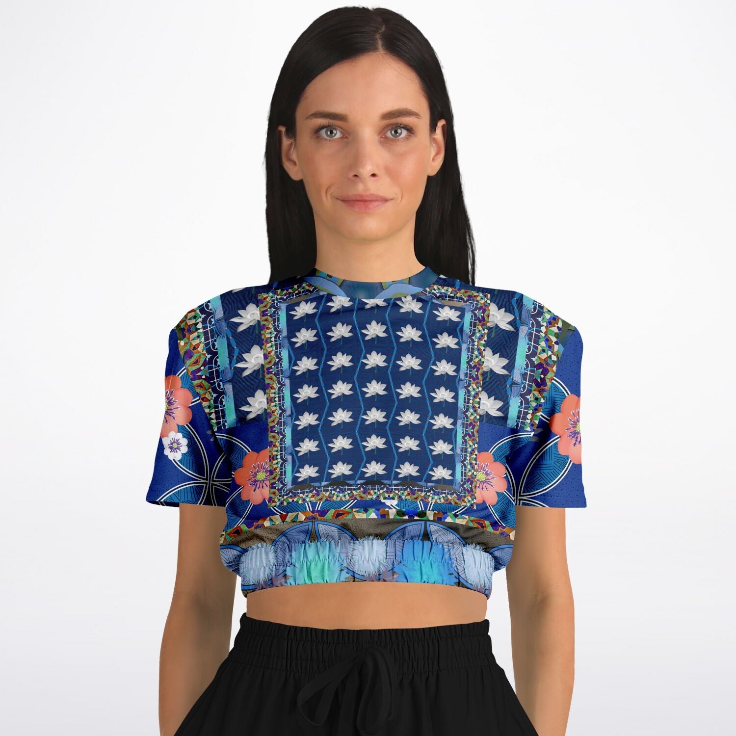 Dahlia Lama Lotus Flower Print Eco-Poly Short Sleeve Cropped Pullover