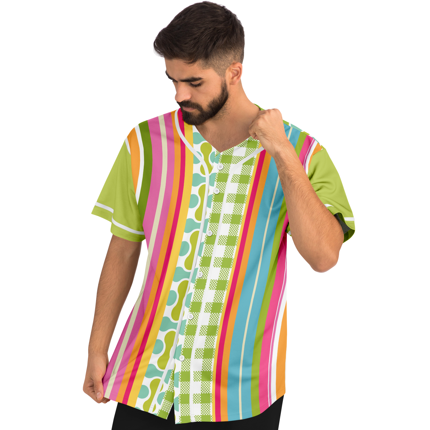 Green Anjou Pear Striped Patchwork Short Sleeve Eco-Poly Baseball Jersey