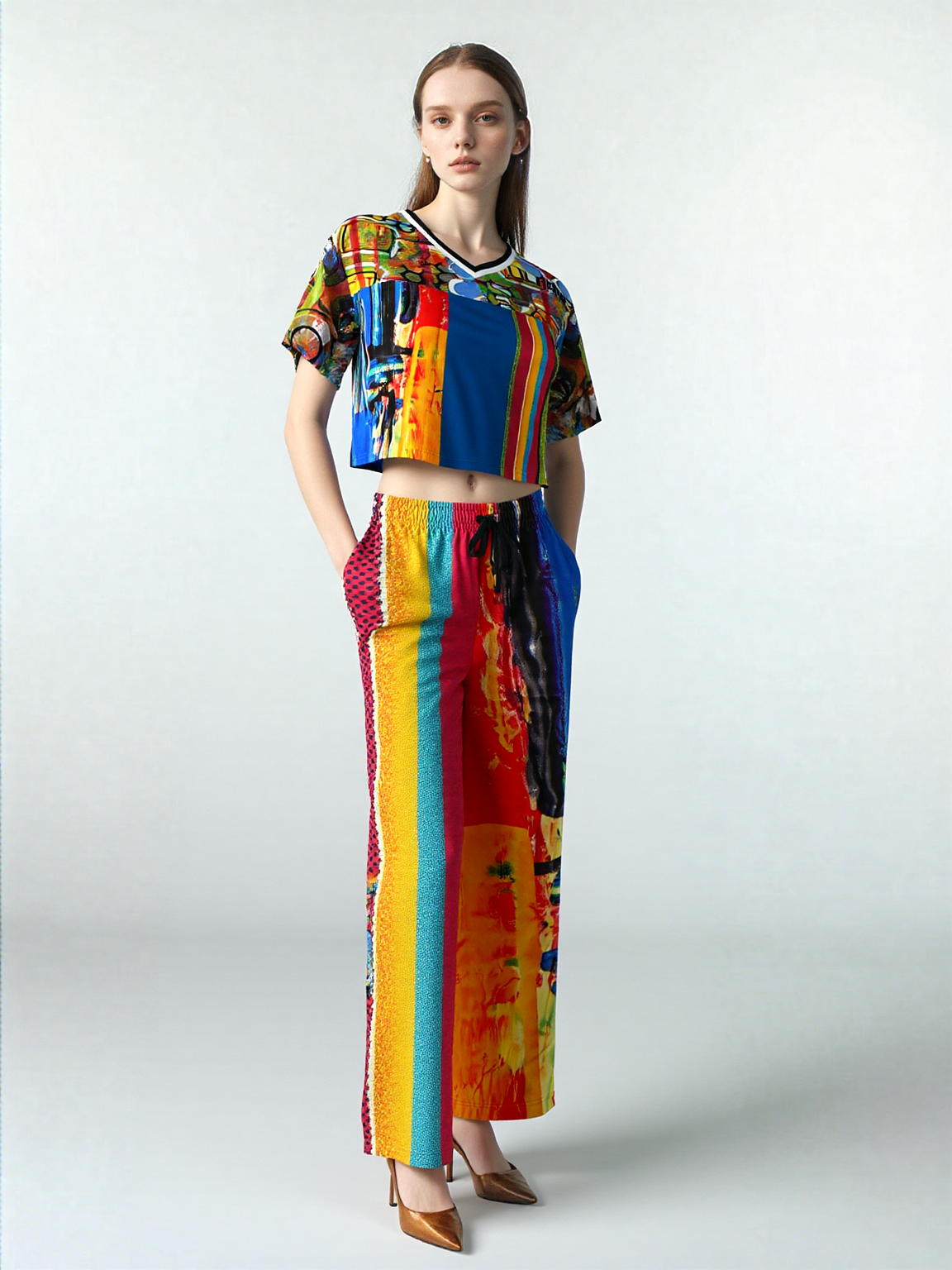 Esplanade Abstract and Colorblock Striped Eco-Poly Wide Leg Pants