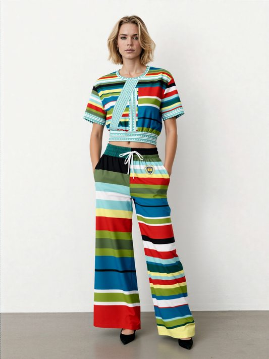 Everglades Rainbow Stripe Redirected Eco-Poly Short Sleeve Cropped Pullover