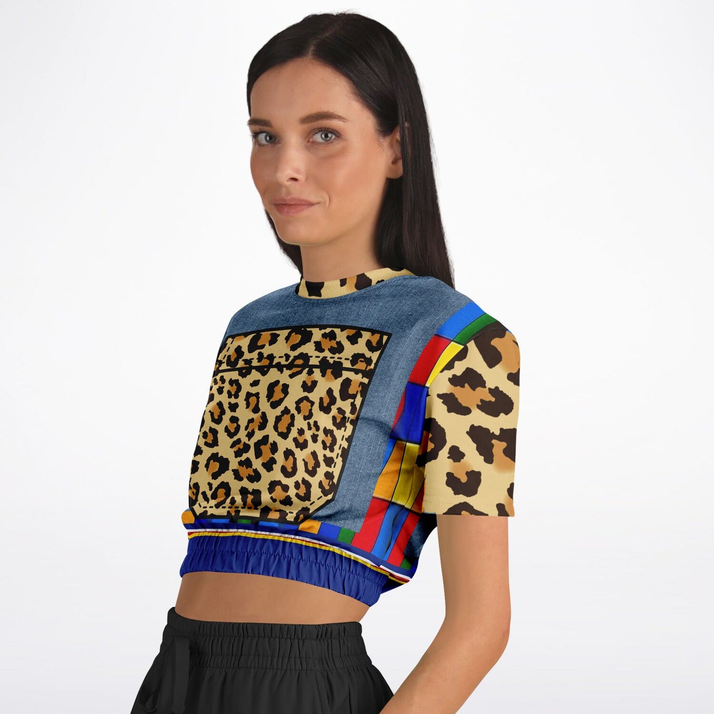 Picasso Primary Geometric Leopard Eco-Poly Short Sleeve Cropped Sweater