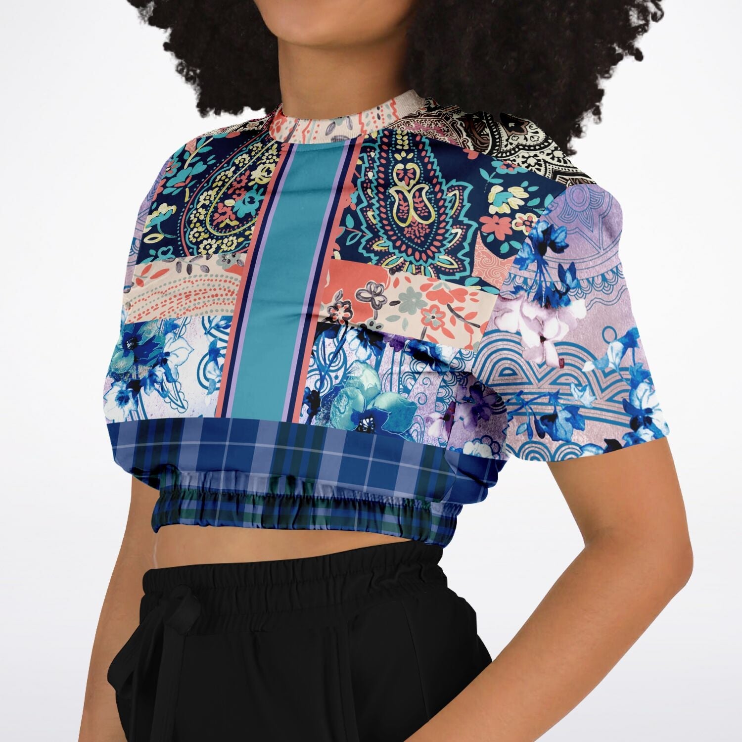 Dolores Park Paisley Plaid Eco-Poly Short Sleeve Cropped Pullover