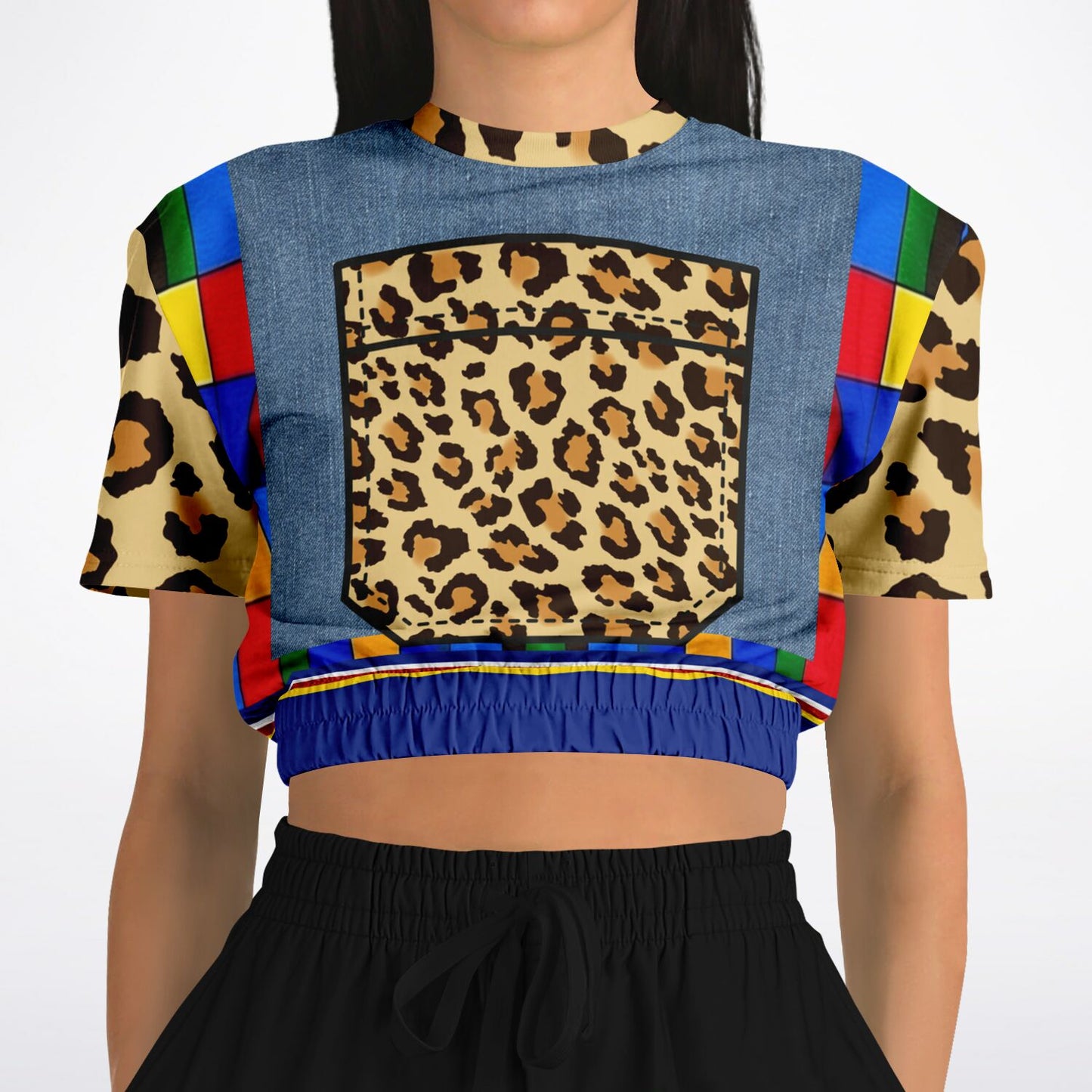 Picasso Primary Geometric Leopard Eco-Poly Short Sleeve Cropped Sweater