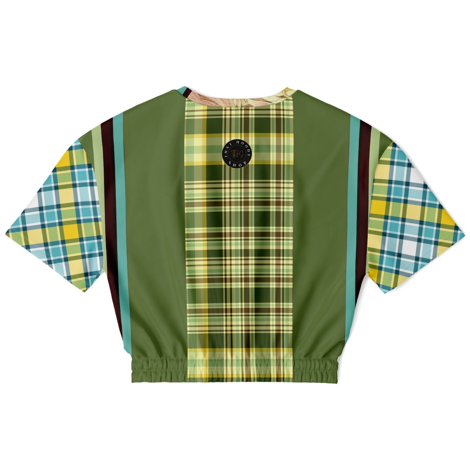 Green Caravan Plaid Eco-Poly Short Sleeve Cropped Pullover