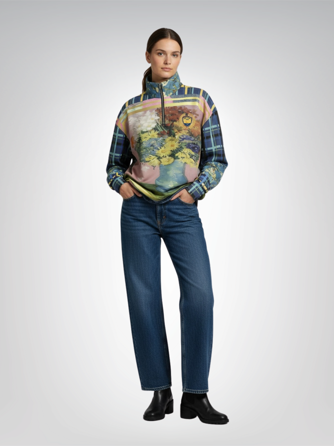 Flowers in Blue Vase - Van Gogh Heavyweight Oversized Quarter Zip Sweatshirt