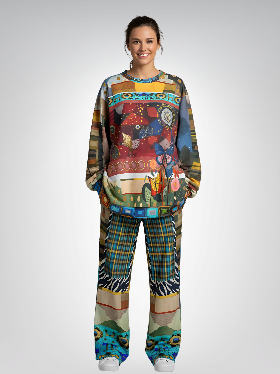 Forest Fowl in the Garden of Eden Abstract Geo Eco-Poly Wide Leg Pants