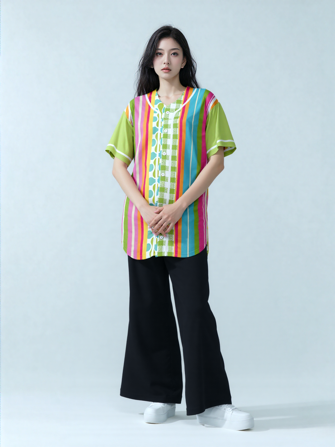 Green Anjou Pear Striped Patchwork Short Sleeve Eco-Poly Baseball Jersey