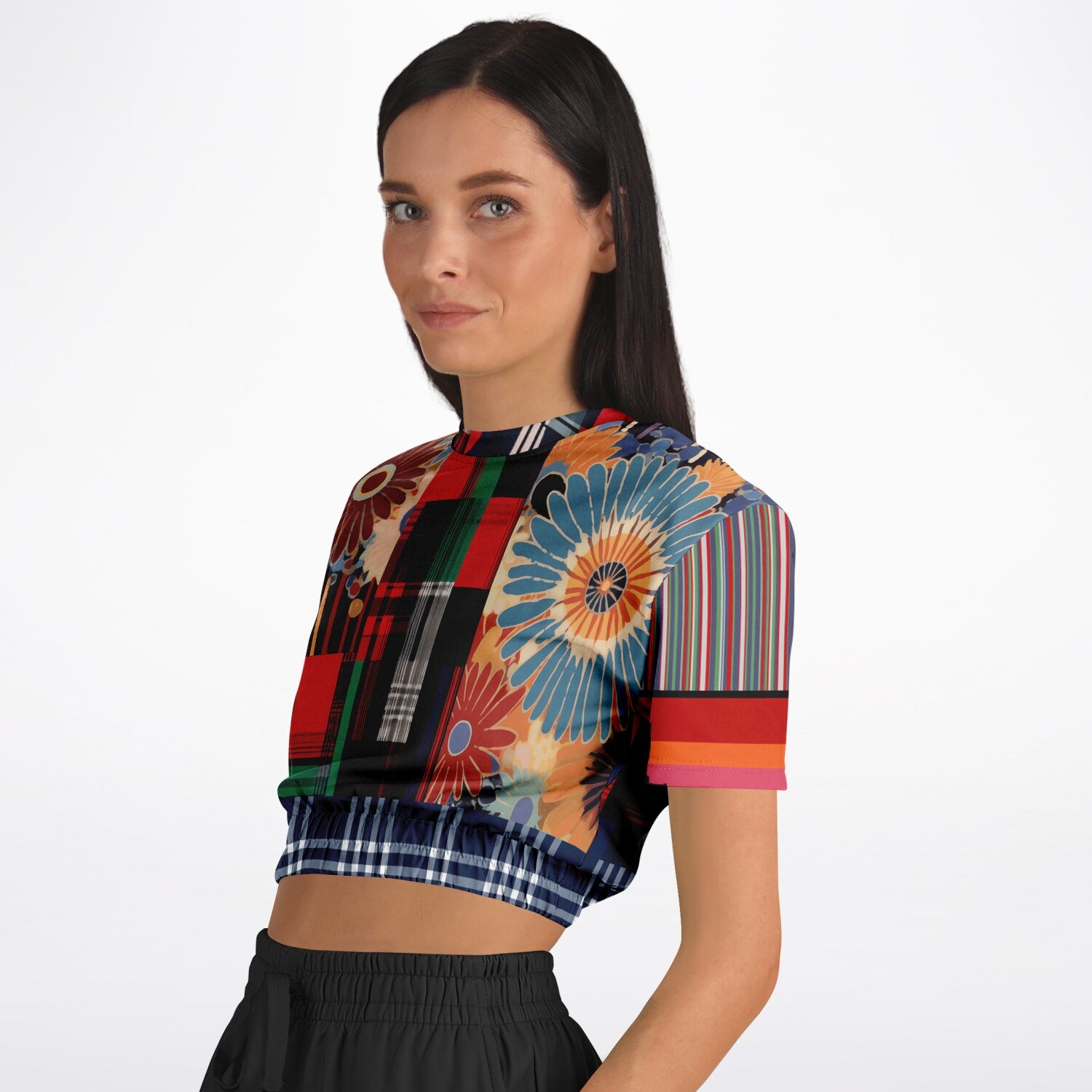 Haphazard Blue Floral Stripe Eco-Poly Short Sleeve Cropped Pullover
