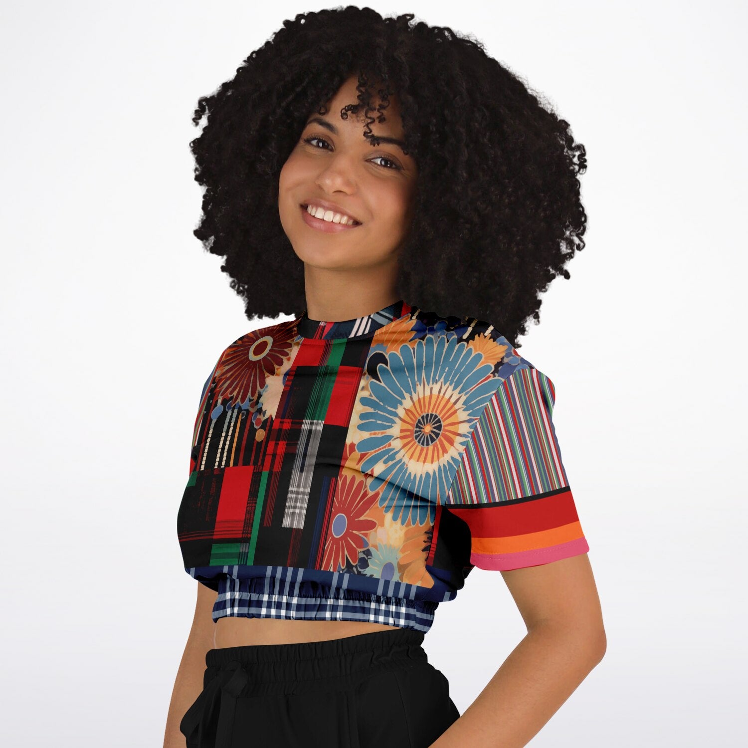 Haphazard Blue Floral Stripe Eco-Poly Short Sleeve Cropped Pullover