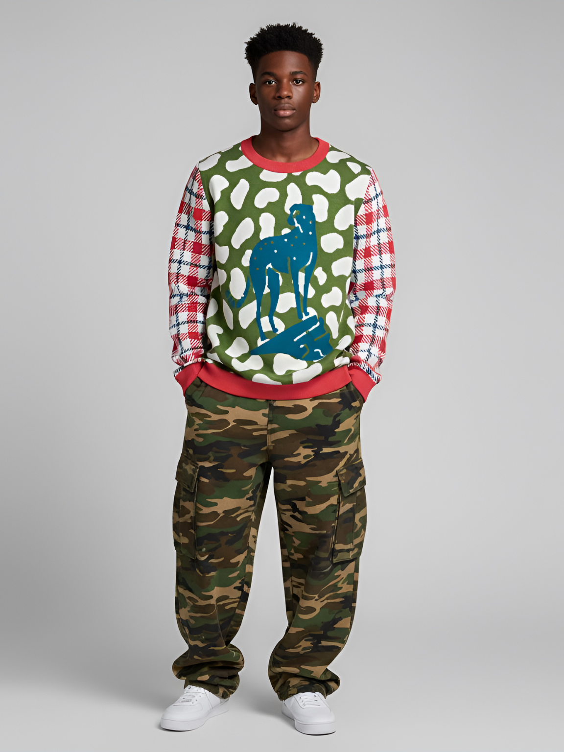 High on Leopard Savannah in Blue and Green Plains Knitted Crewneck Sweater