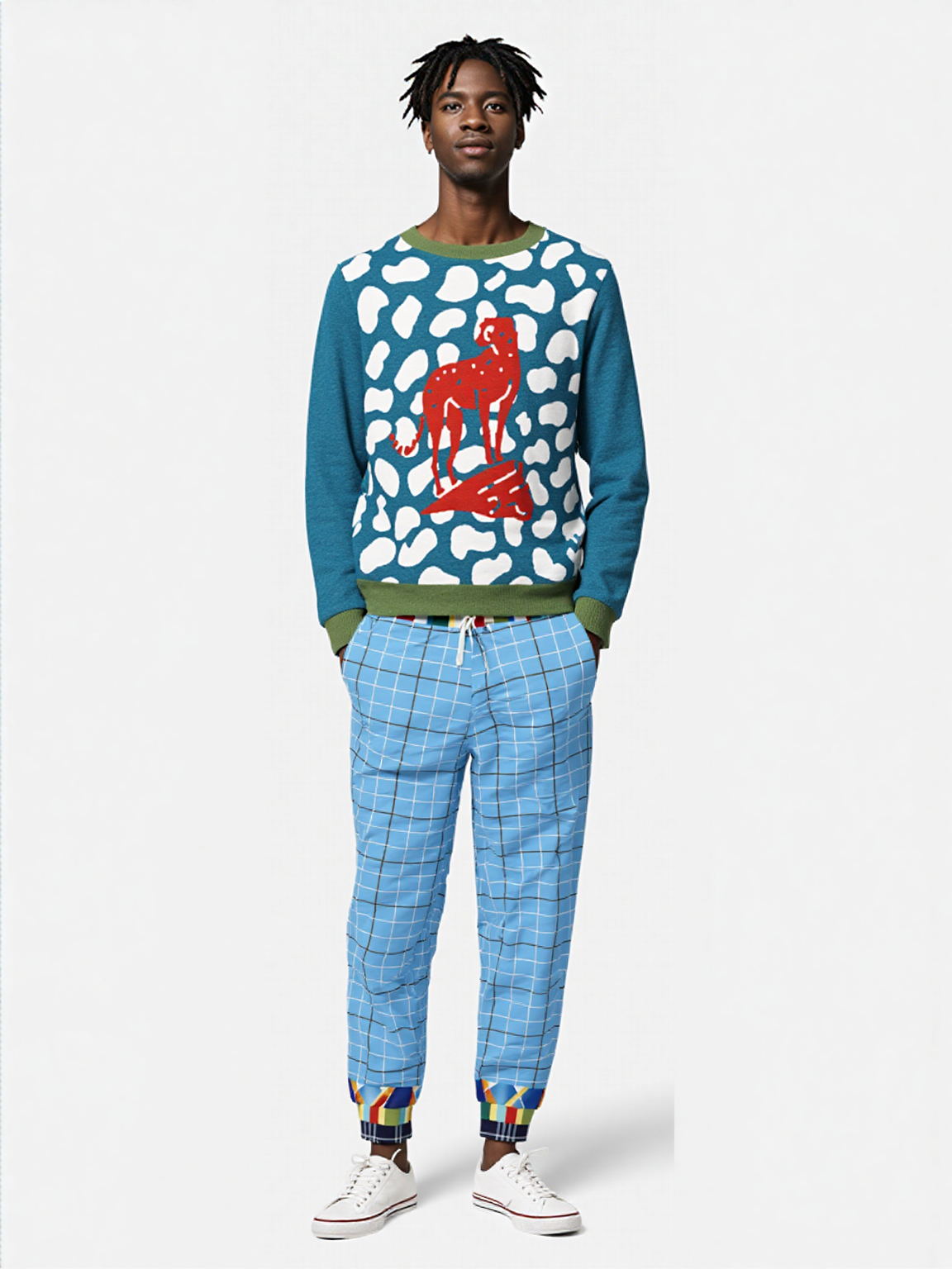 High on Leopard Savannah on Turquoise Plains Knitted Crewneck Sweater