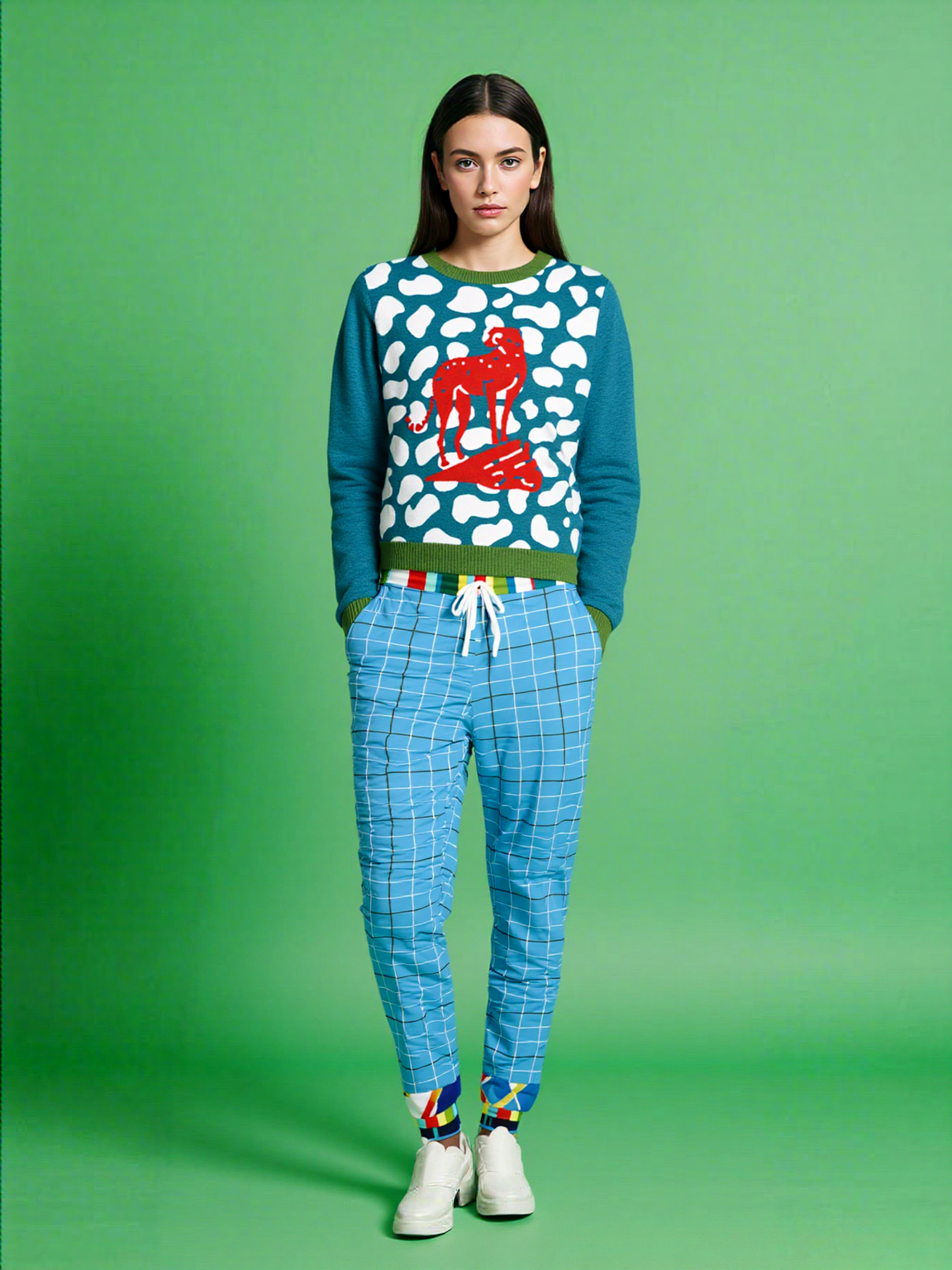 High on Leopard Savannah on Turquoise Plains Knitted Crewneck Sweater