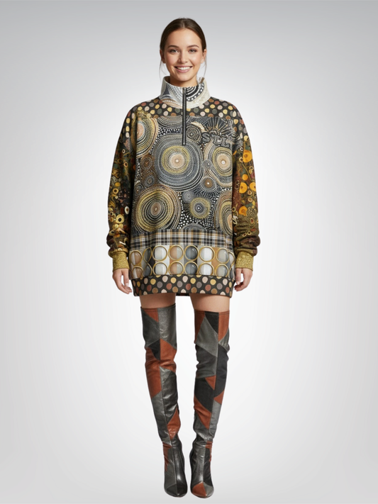 I'm Feeling Brown Aboriginal Swirl Patchwork Heavyweight Oversized Quarter Zip Sweatshirt
